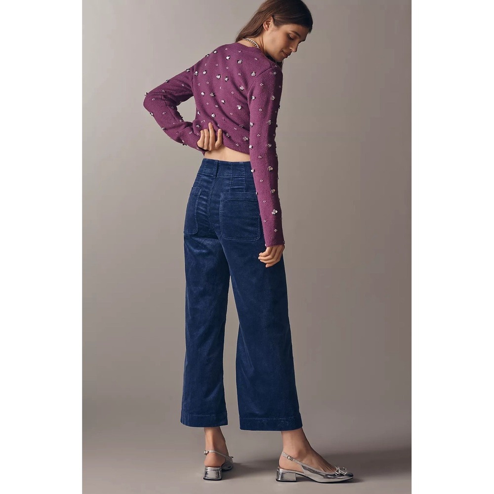 Anthropologie Maeve Colette Corduroy Wide Leg Crop Pants Blue 34 Scallop - Picture 4 of 9